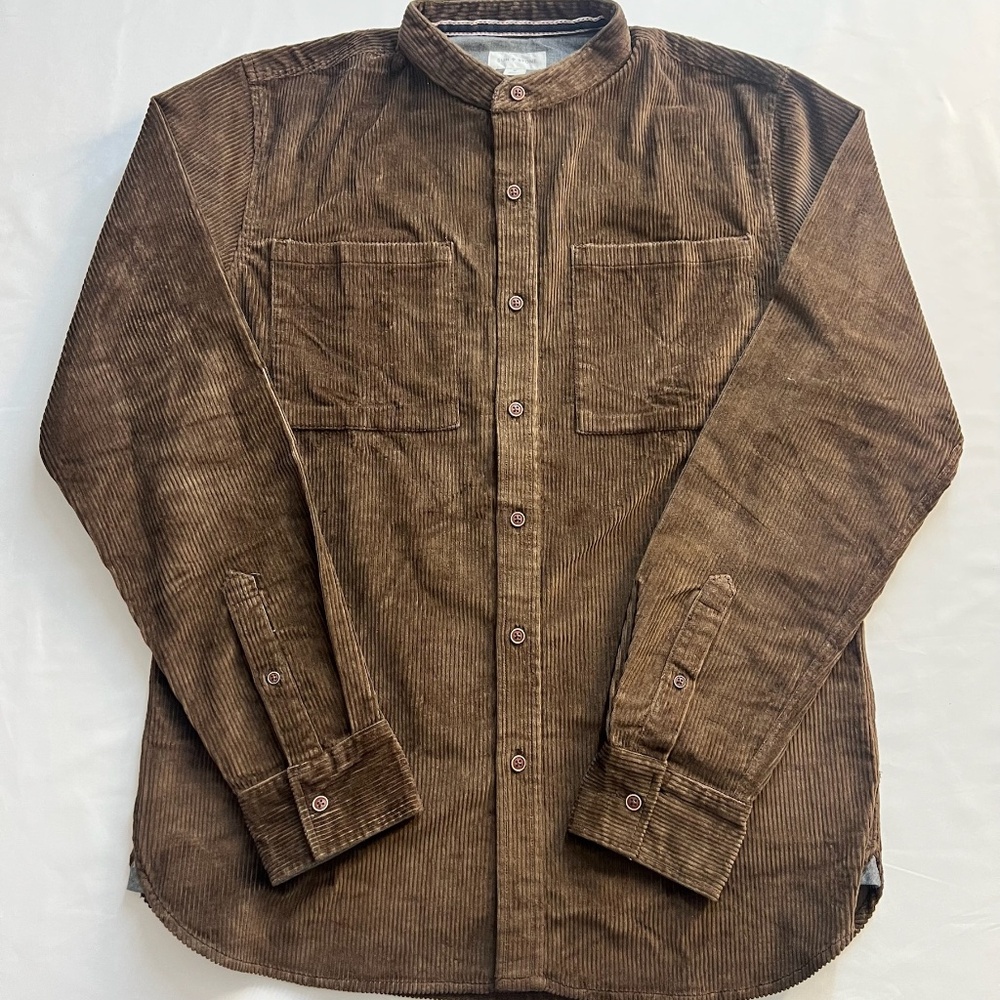 Corduroy Button Up Brown Shirt Men's Medium Fall Overshirt Mandarin Collar